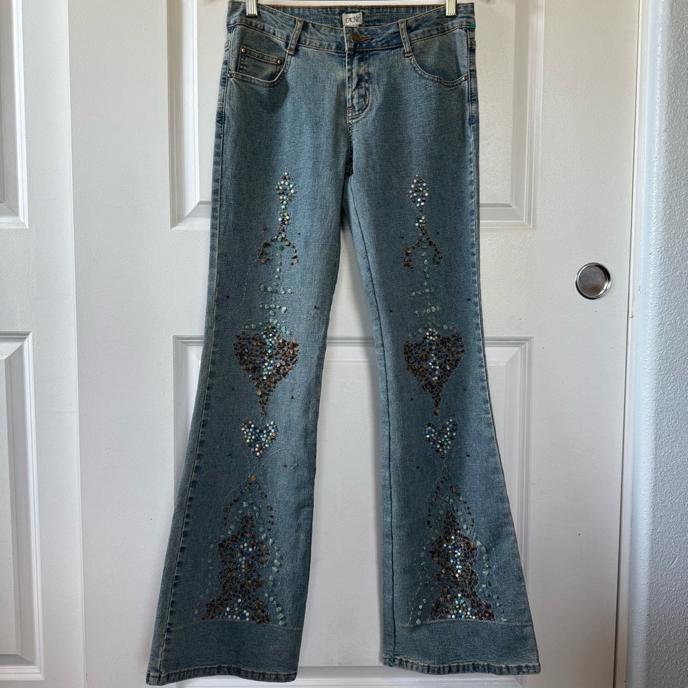 Cache PRECIOUS STONES flare leg light denim blue jeans 4 S tiger eye agate